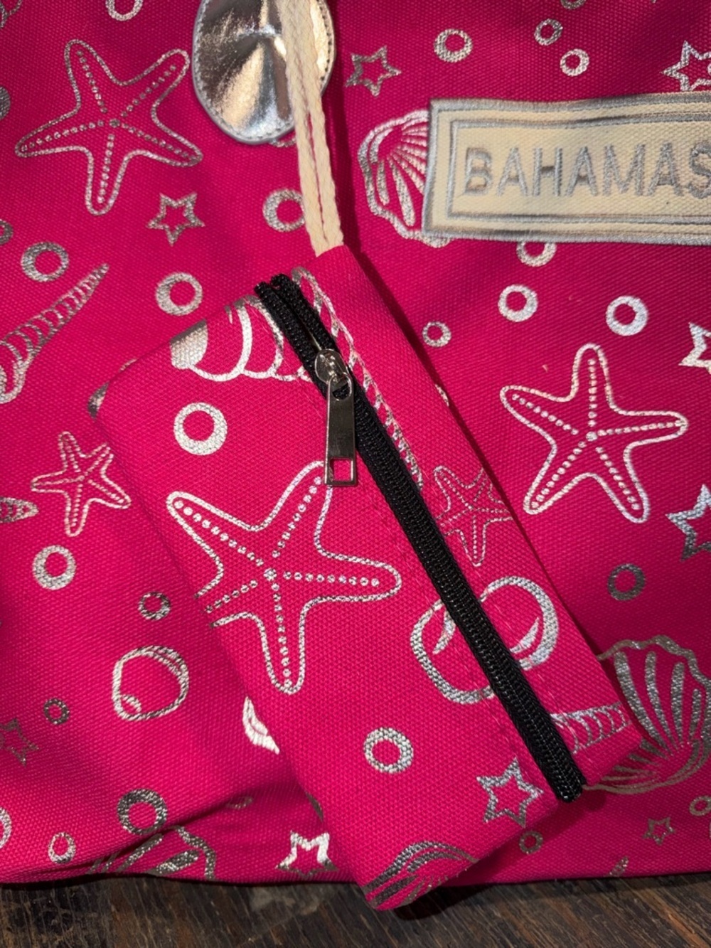 Bahamas Pink Beach Tote with Silver seashell Accents - Picture 3 of 5